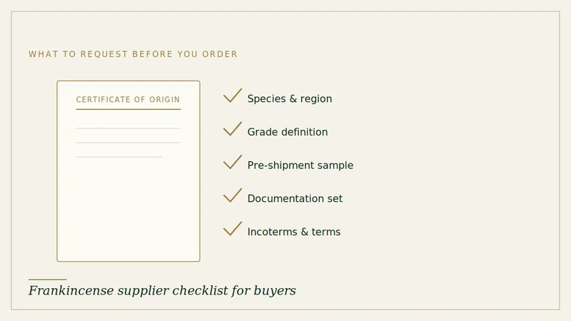 Illustration of a frankincense supplier checklist — certificate, sample bag and a list of buyer requirements